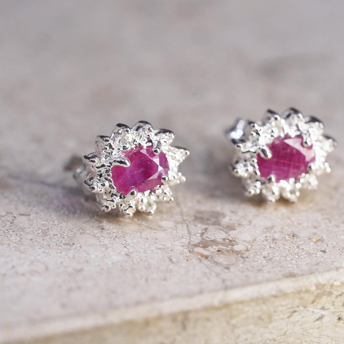 Vintage Sterling silver handmade earrings, 925 studs with ruby and diamonds