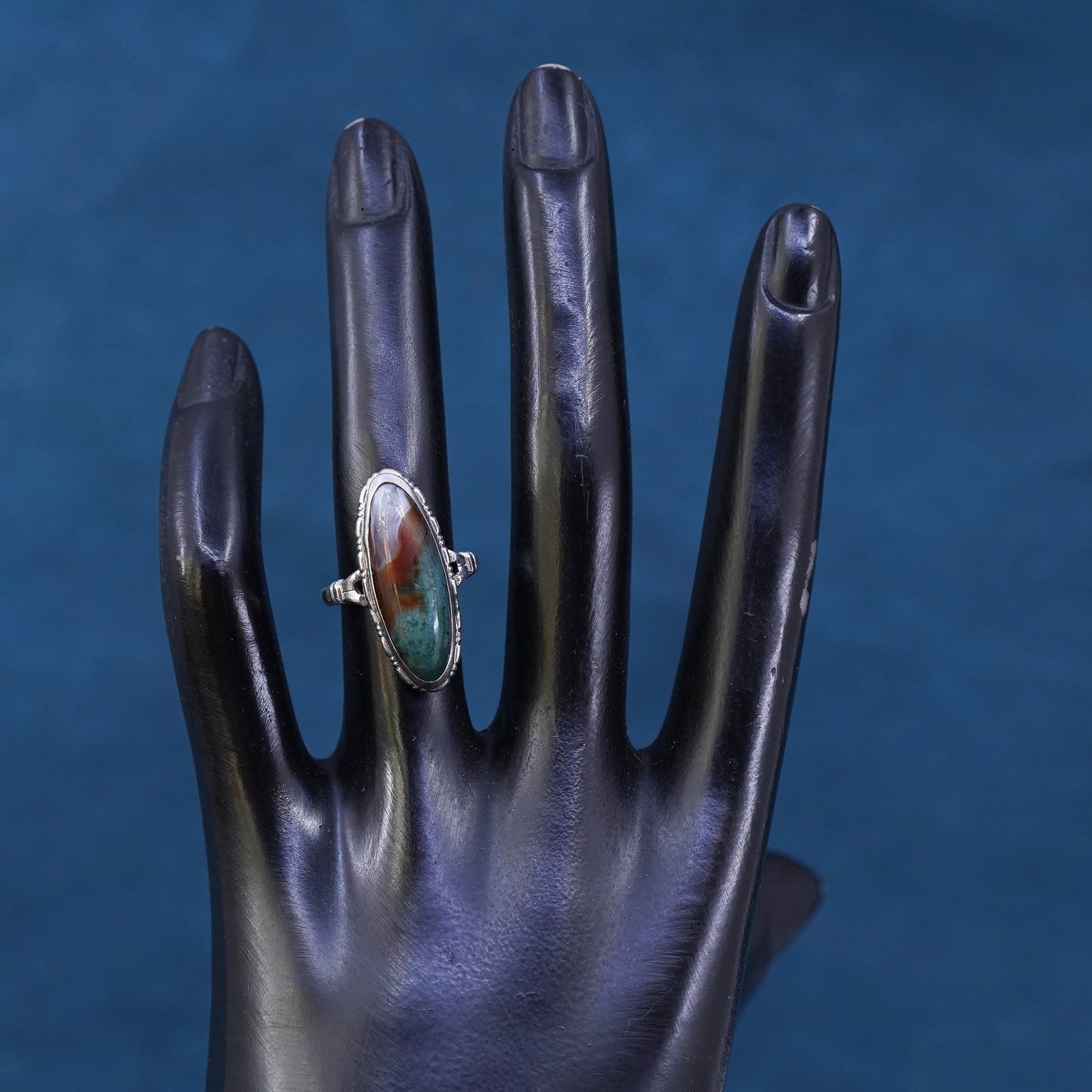 Size 5.5, vintage Uncas Sterling 925 silver handmade ring with lace agate stone