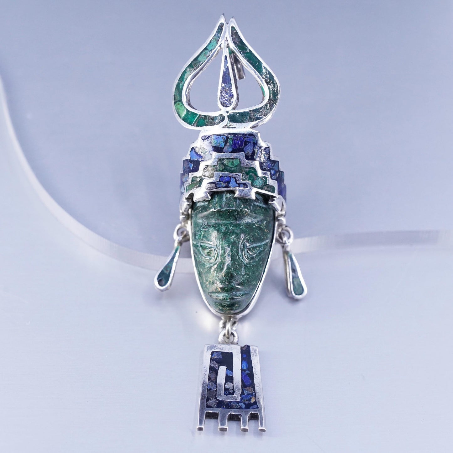 Vintage 1940s TS-30 Taxco Mexican Sterling Silver Tribal Face Jade Brooch & Pendant