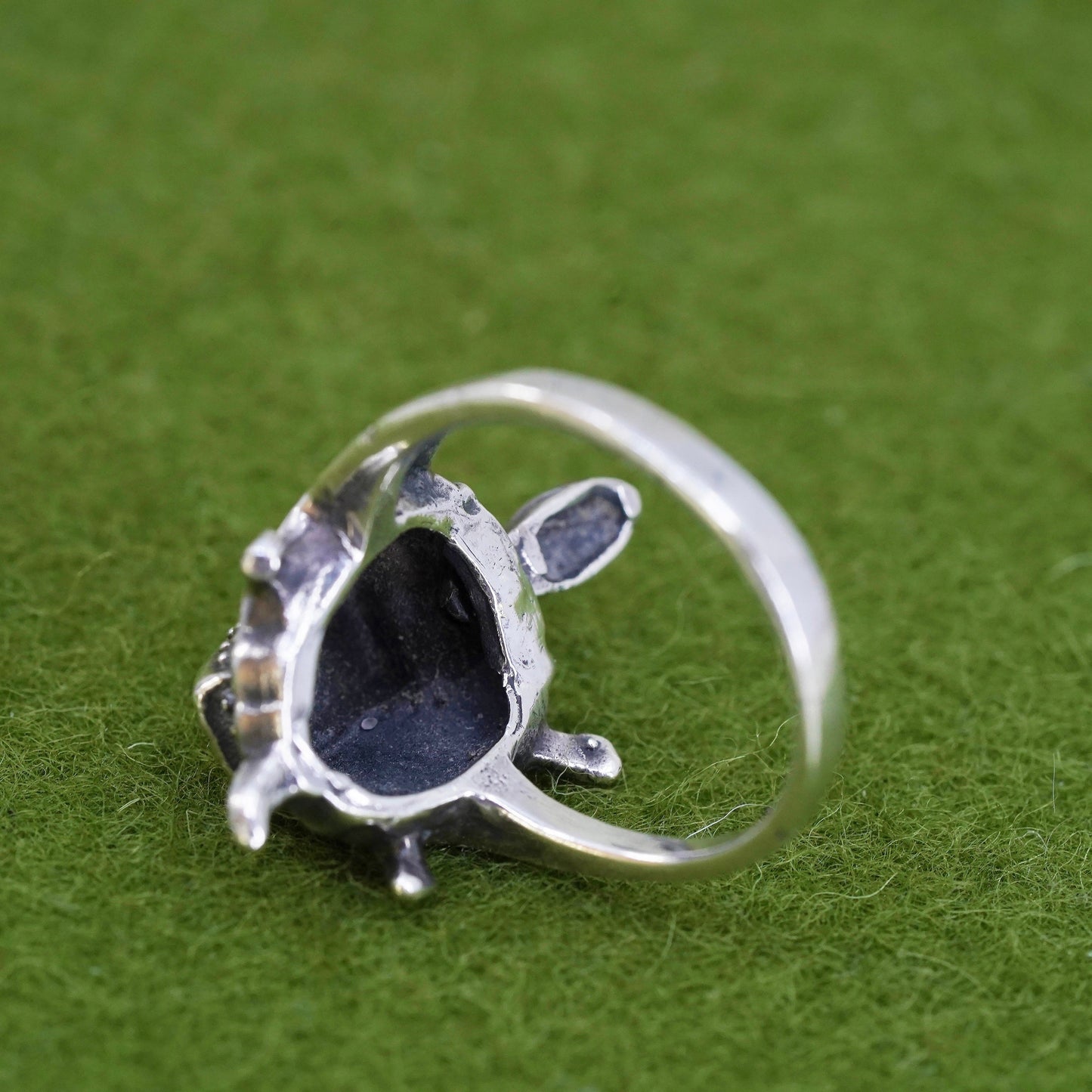 Size 7, sterling silver handmade ring, 925 turtle with movable head marcasite