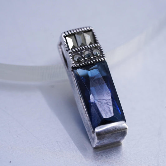 Vintage sterling 925 silver handmade pendant with sapphire and marcasite
