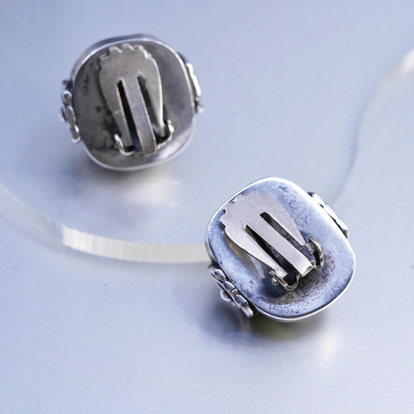 Artisan SIGNED David Sterling 925 Silver Handmade Dzi Gemstone Clip Earrings