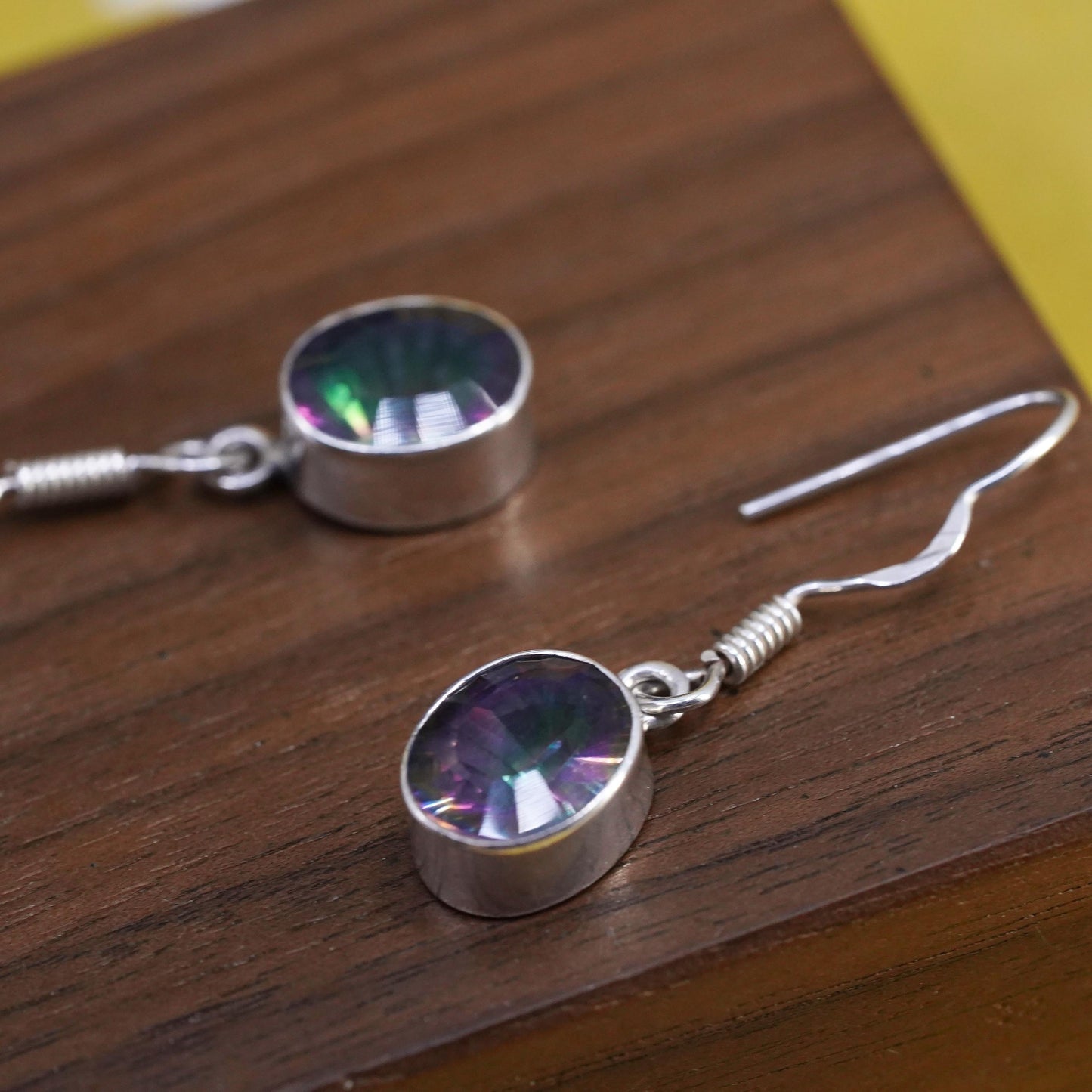 Vintage Sterling silver handmade earrings, 925 oval dangles rainbow topaz