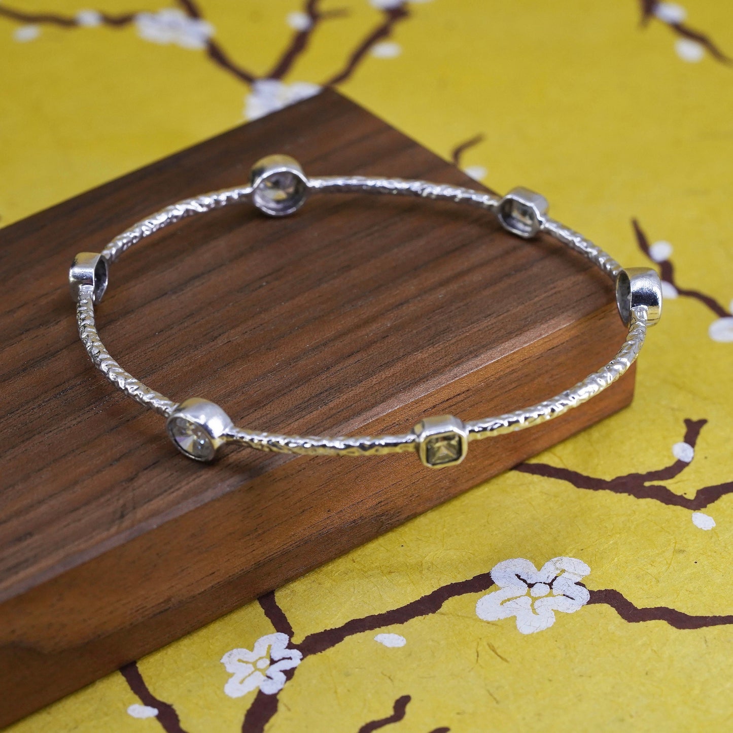 8", Vintage Milor Sterling silver bracelet, textured 925 bangle with sparkly cz