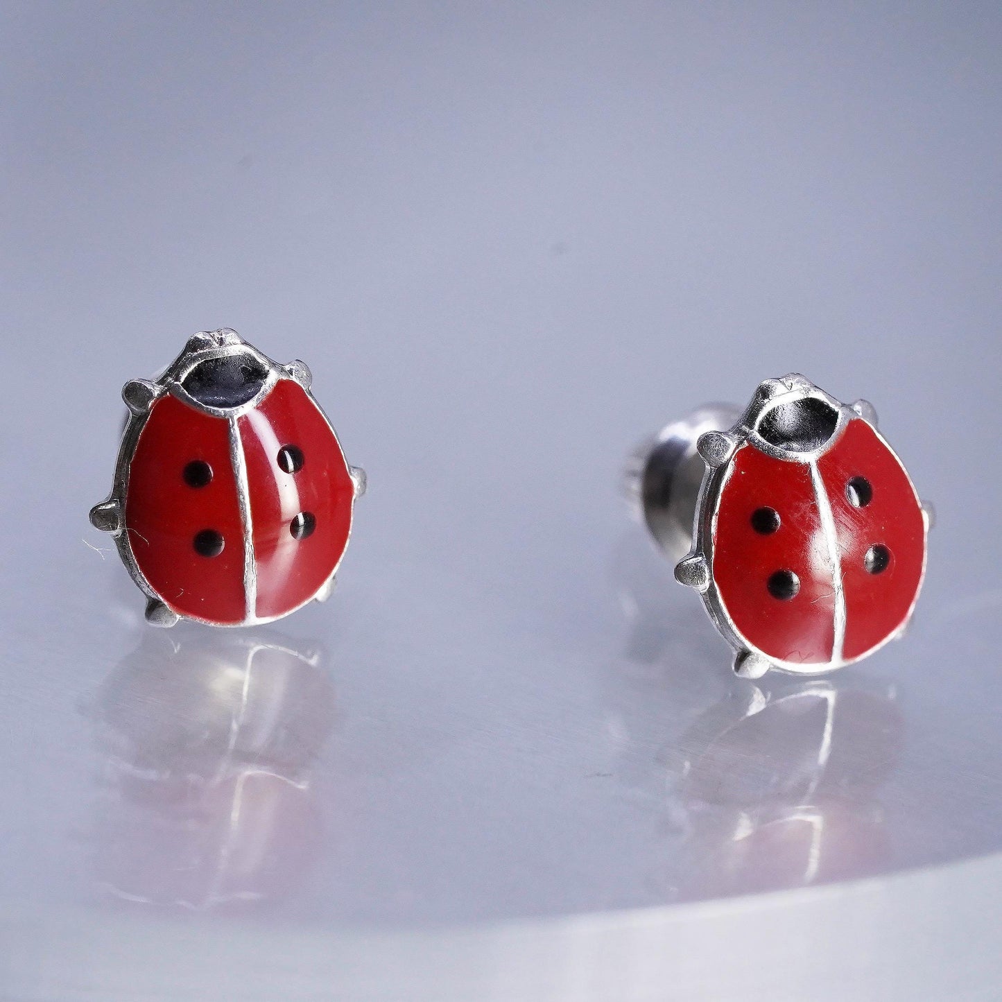 Vintage Sterling 925 silver enamel ladybug earrings, studs