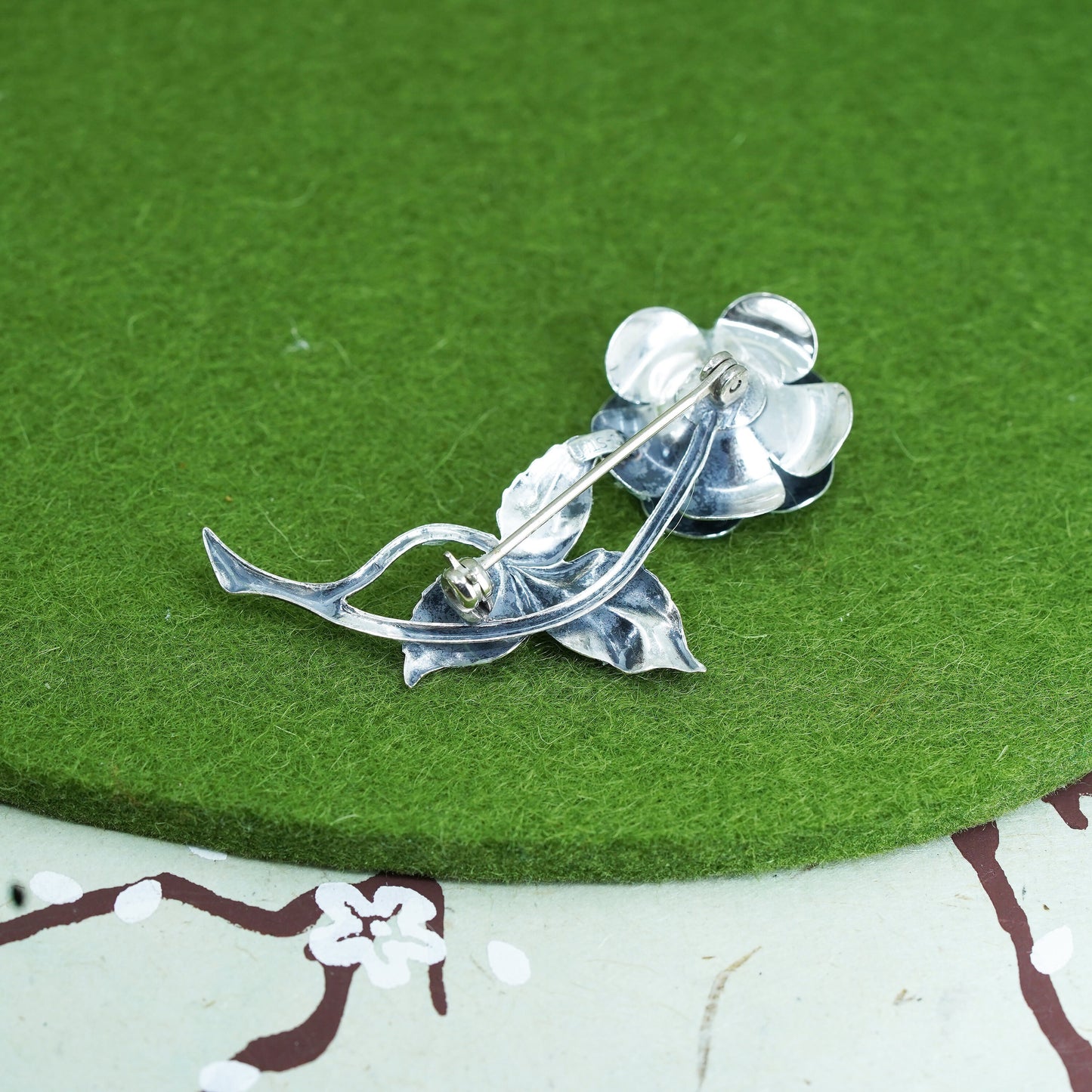 Vintage sterling silver handmade rose flower brooch, 925 silver brooch