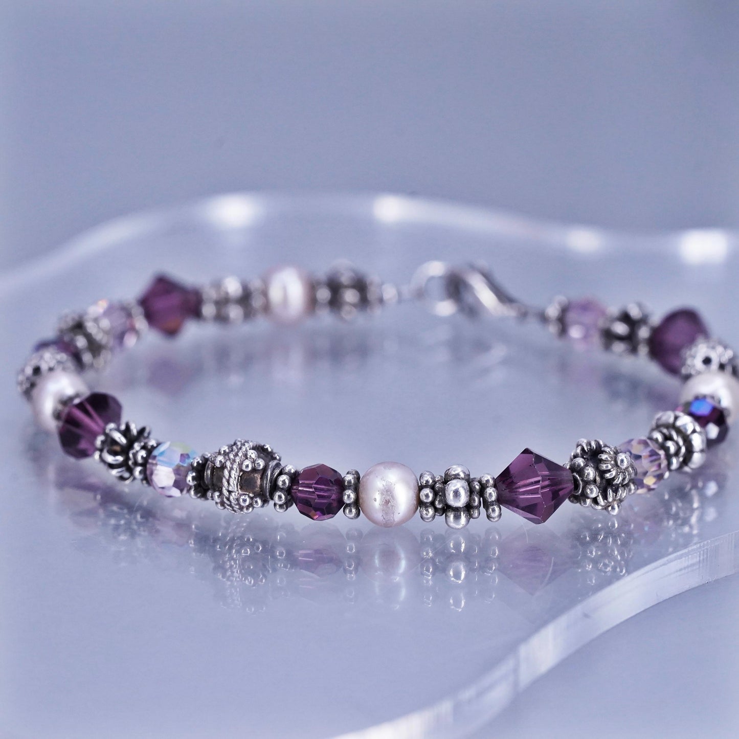 8”, vintage Sterling 925 silver handmade bracelet with pearl amethyst beads