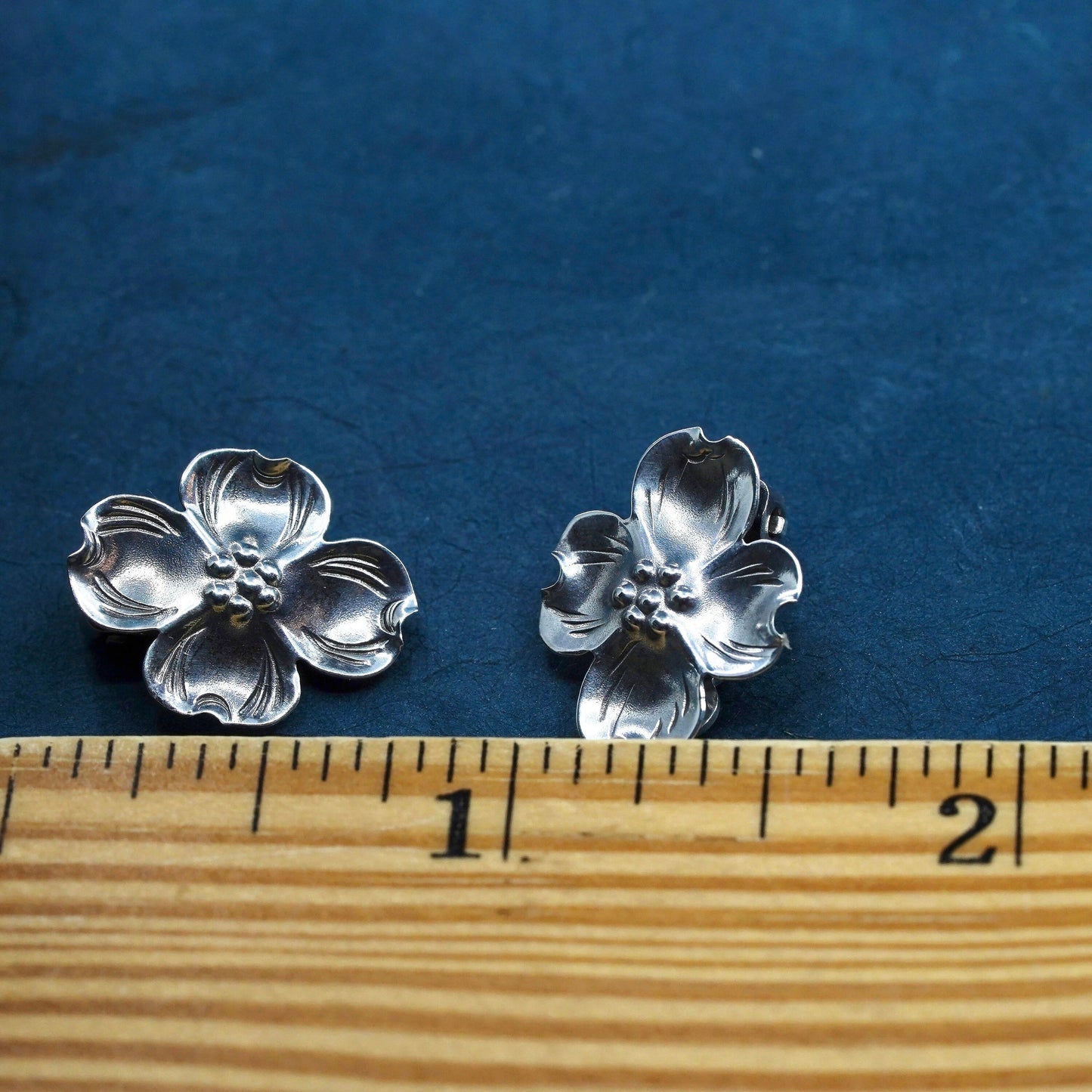 NYE Sterling silver handmade earrings, solid 925 silver dogwood flower clip on