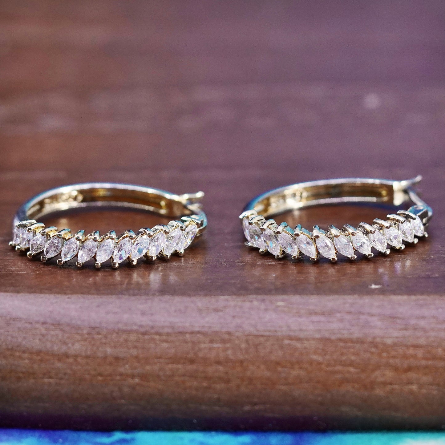 1”, vintage vermeil gold over Sterling silver handmade earrings, 925 hoops cz