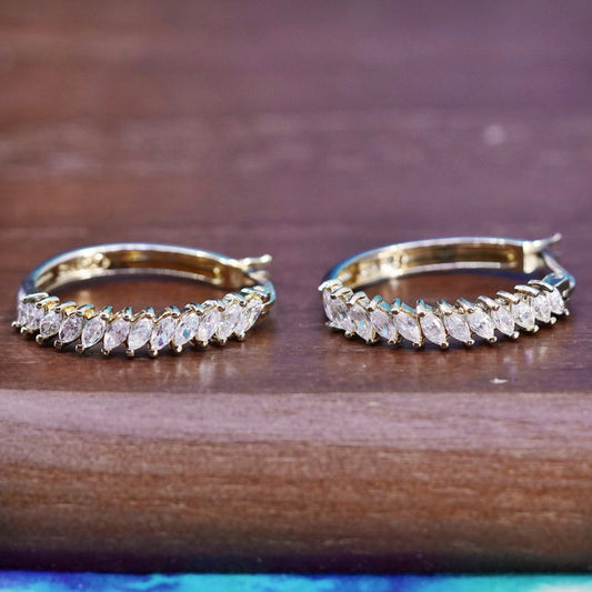 1”, vintage vermeil gold over Sterling silver handmade earrings, 925 hoops cz
