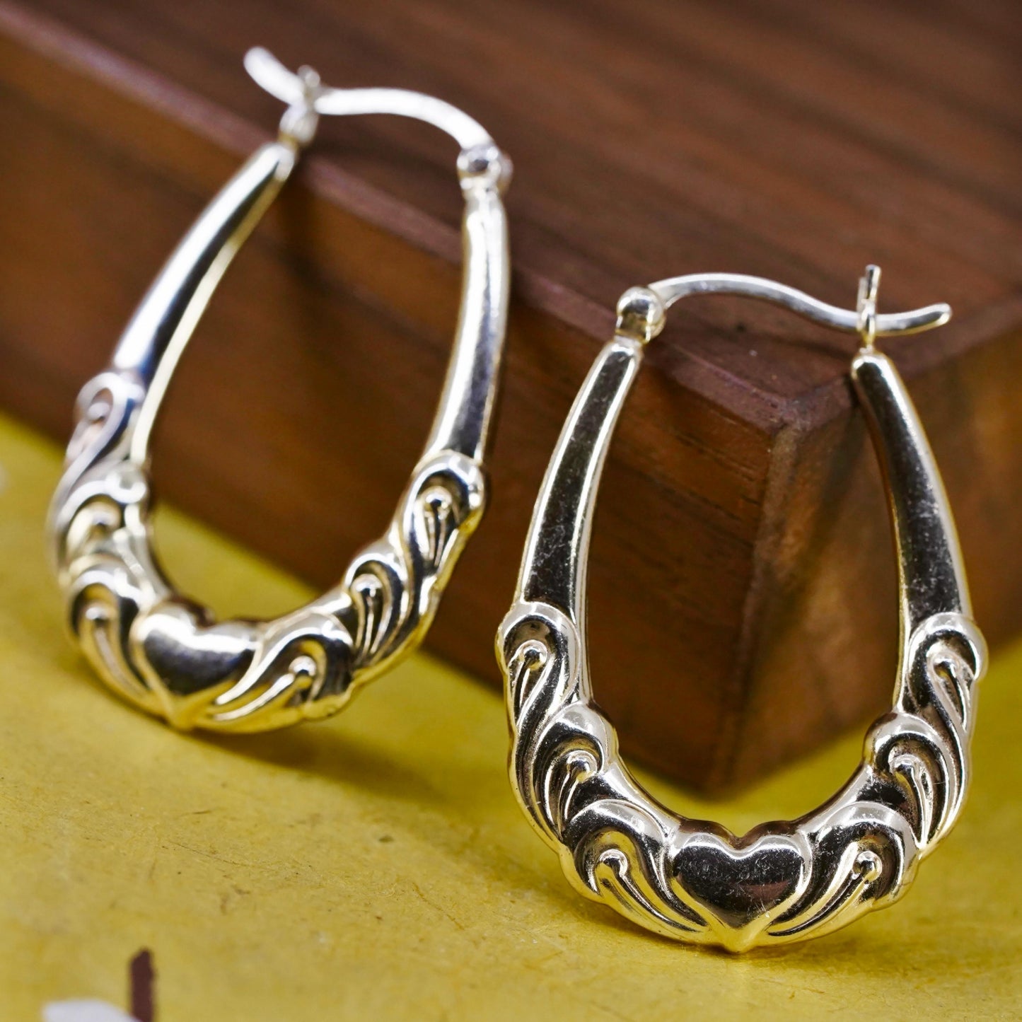 1.25", gold over Sterling silver earrings, 925 textured huggie hoops with heart