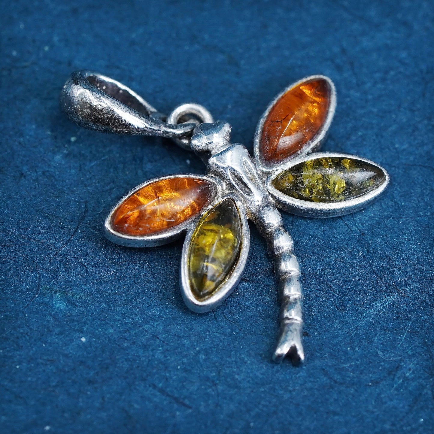Vintage Sterling silver handmade pendant, 925 dragonfly with amber
