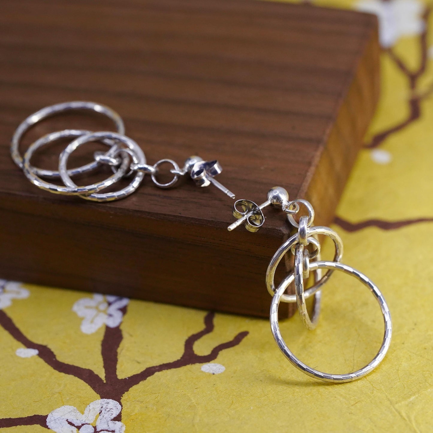 Vintage Sterling silver handmade earrings, textured 925 entwined circles dangle