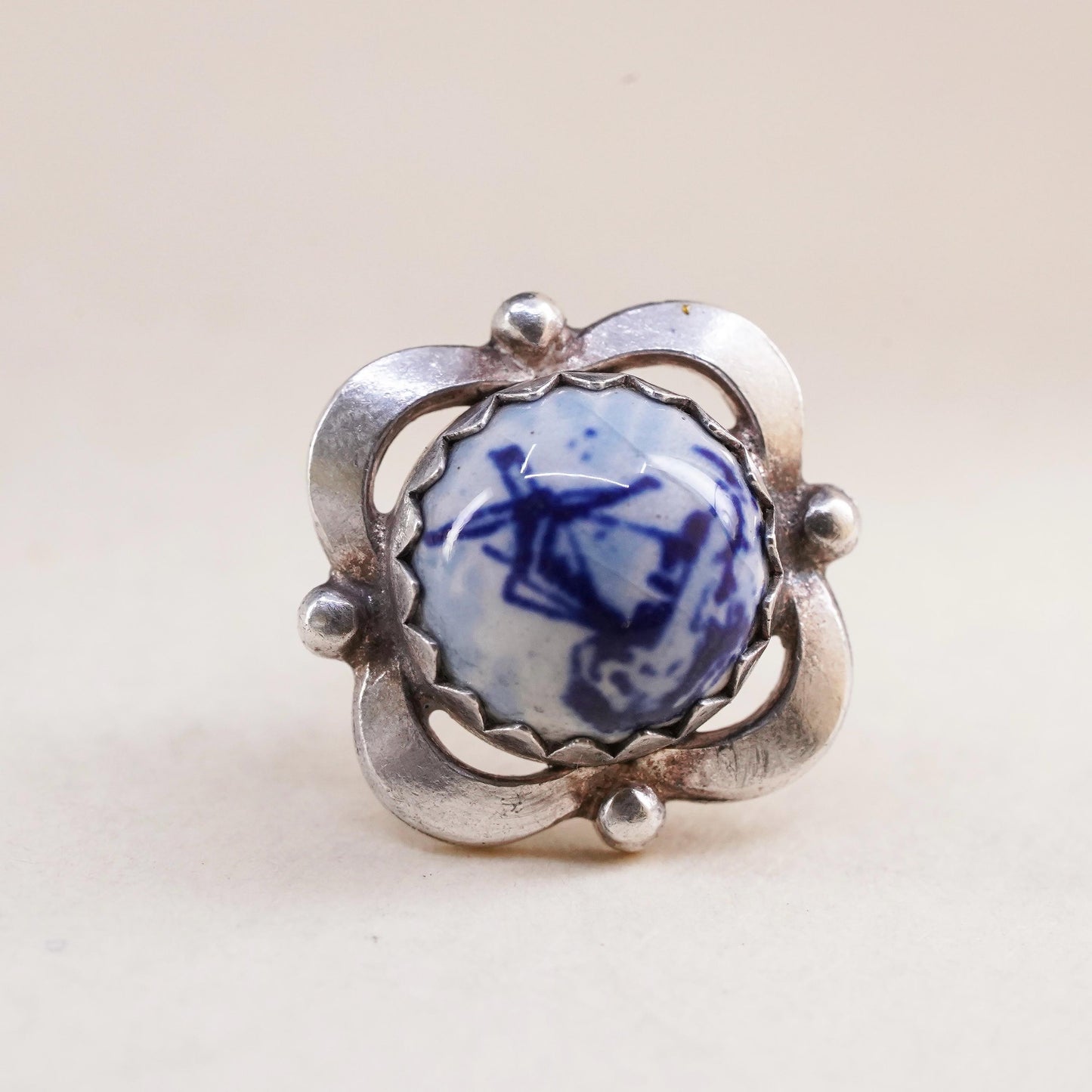 Vintage Holland DELFT Dutch Button Round Porcelain 835 Silver single earring