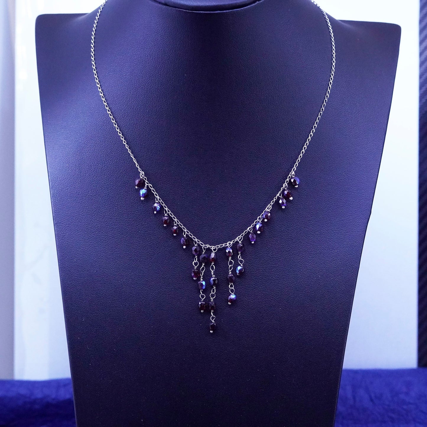 16”, Sterling silver handmade necklace, 925 curb chain with garnet bead fringe