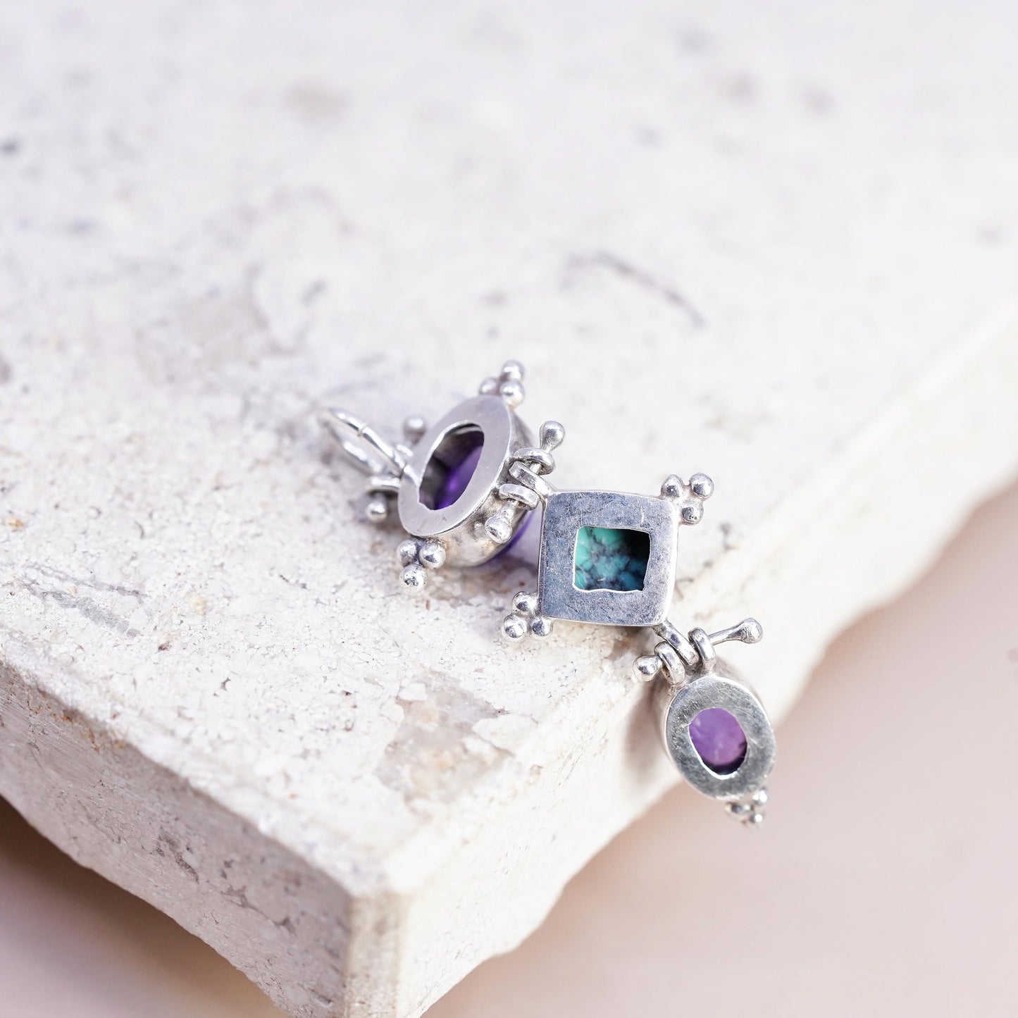 Vintage Sterling silver handmade pendant, 925 turquoise amethyst charm