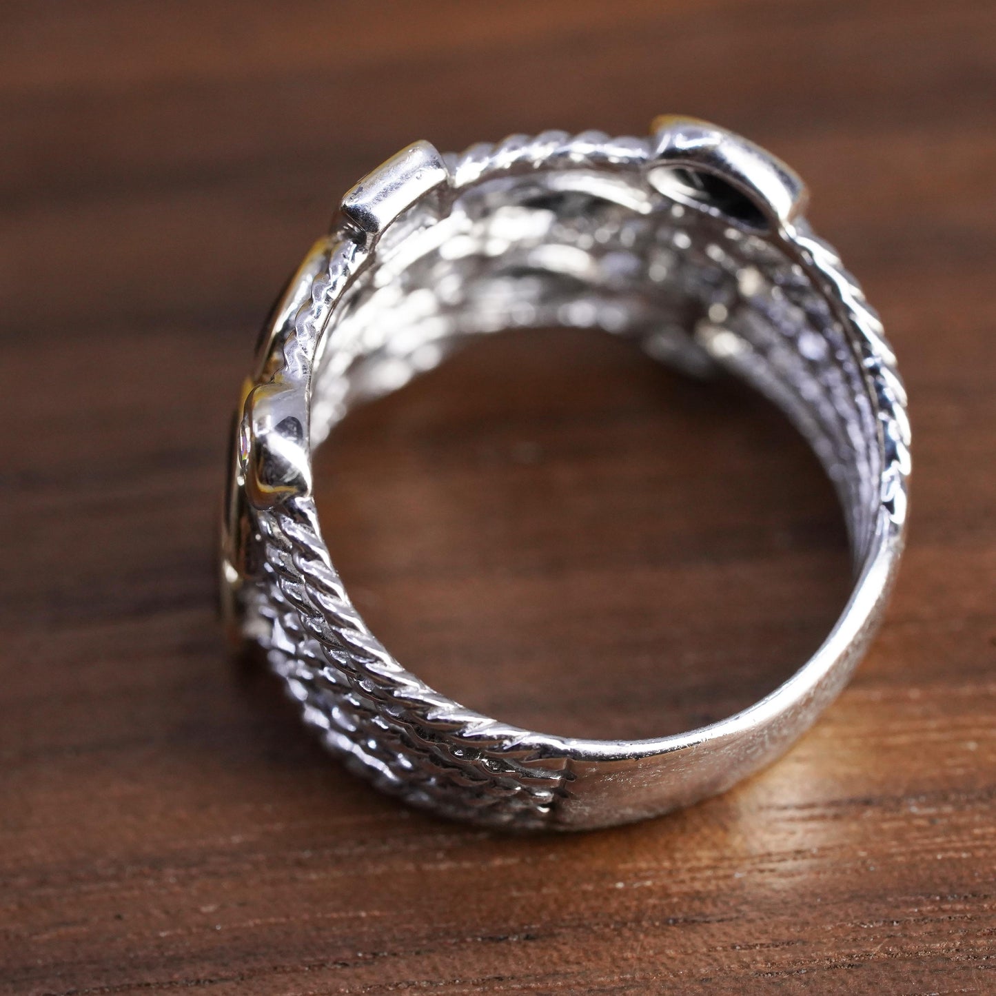 Size 10, vintage Sterling 925 silver cable ring with crystal and sapphire inlay