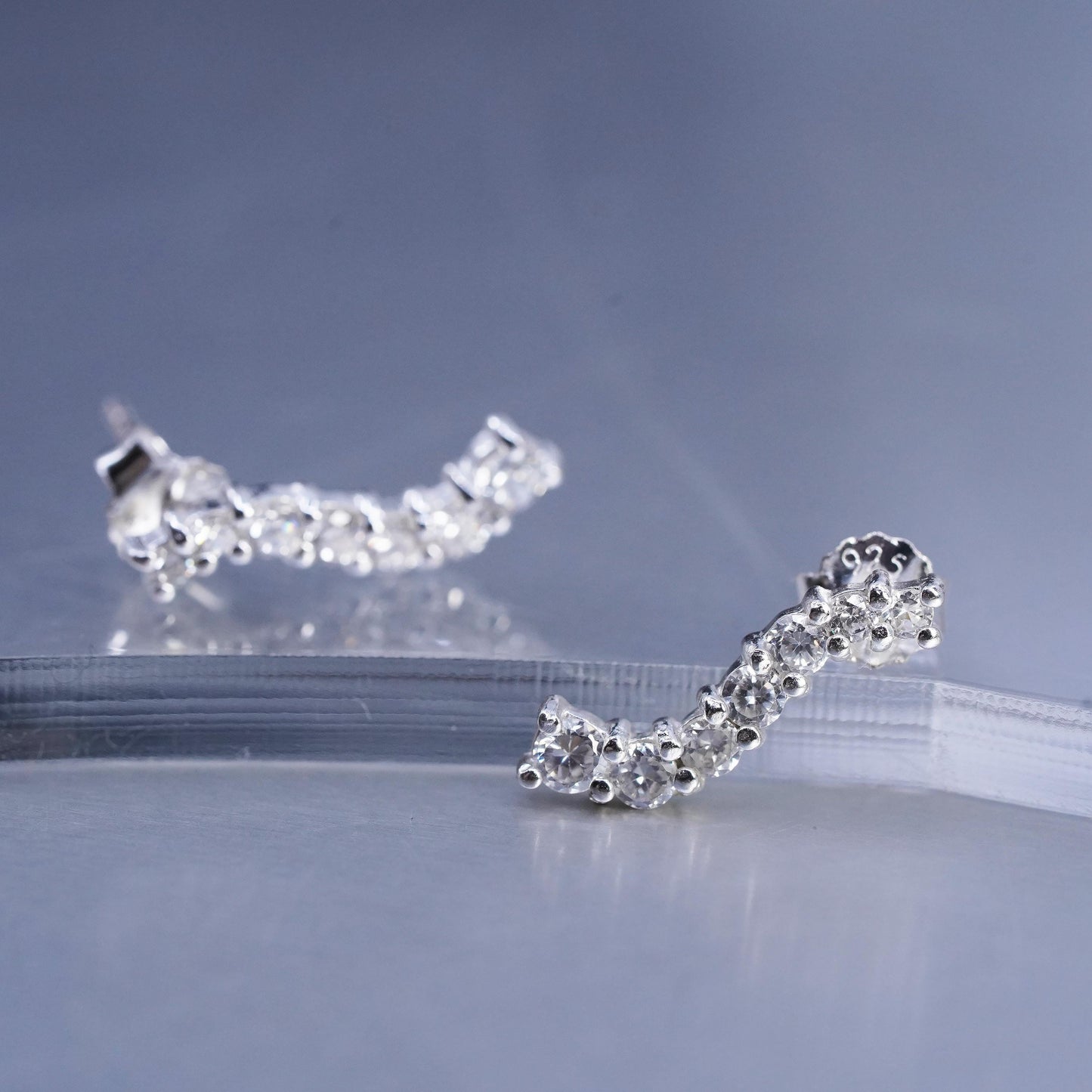 Vintage Sterling 925 silver earrings, wavy studs with cz inlay