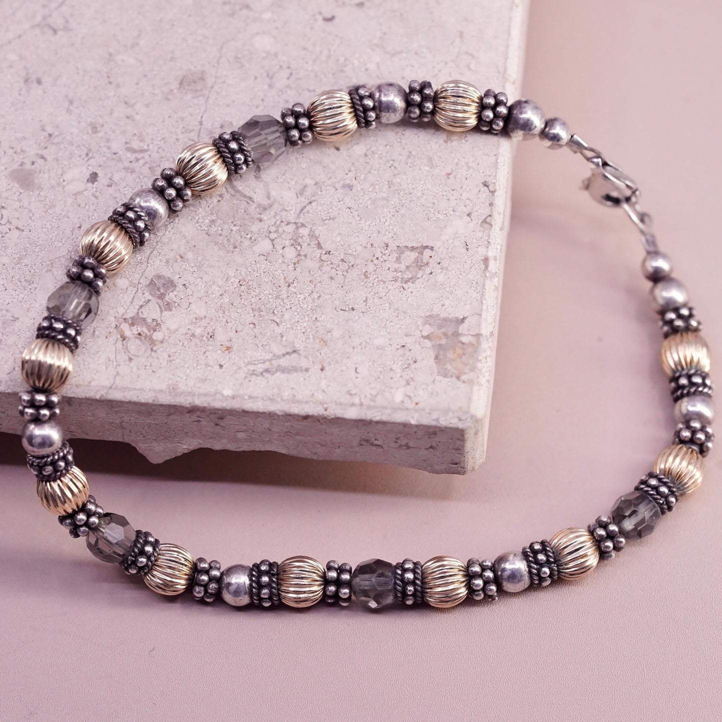 8.5", vintage sterling handmade bracelet, 14K gold, crystal beads chain