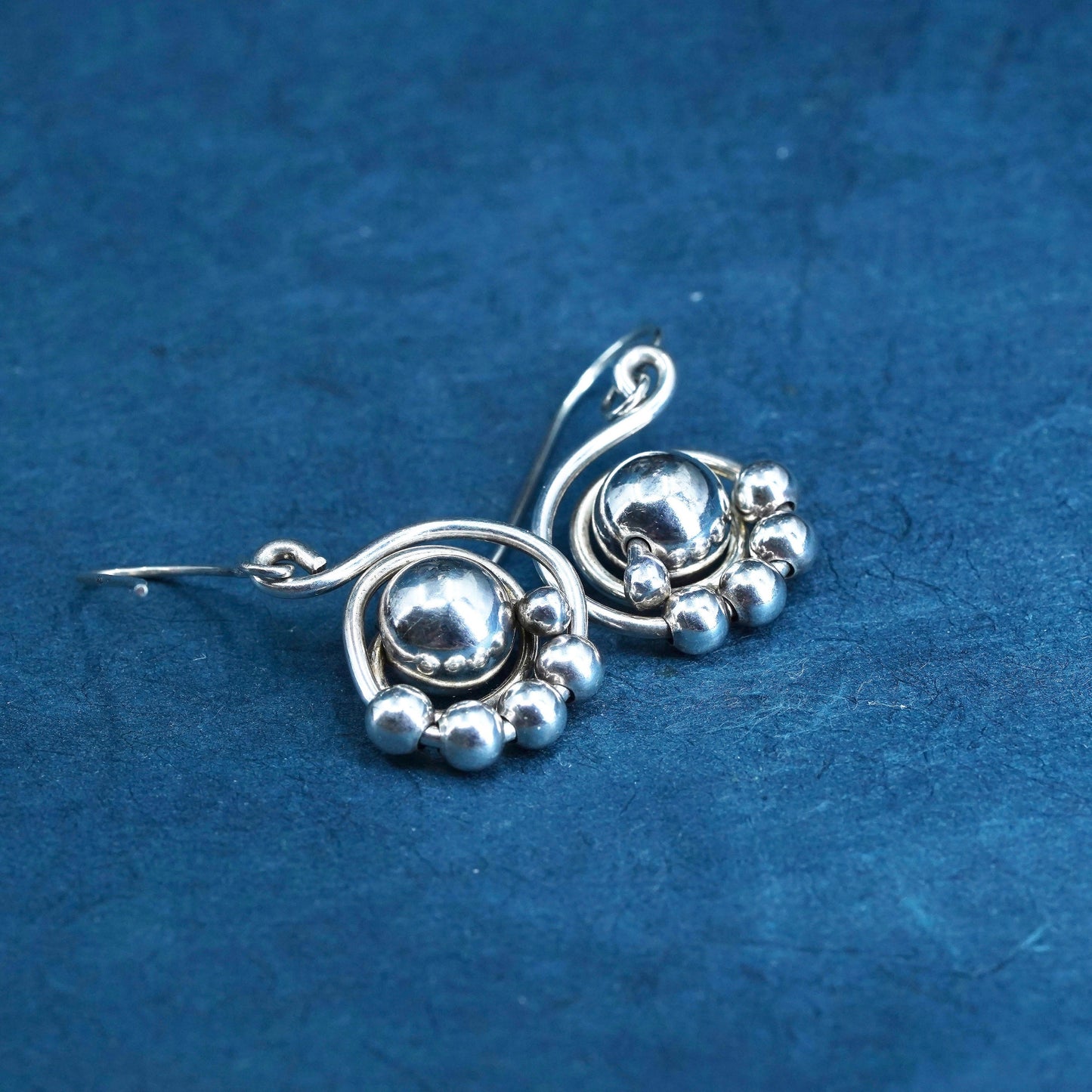 Vintage sterling silver handmade earrings, 925 silver beads sprial drops
