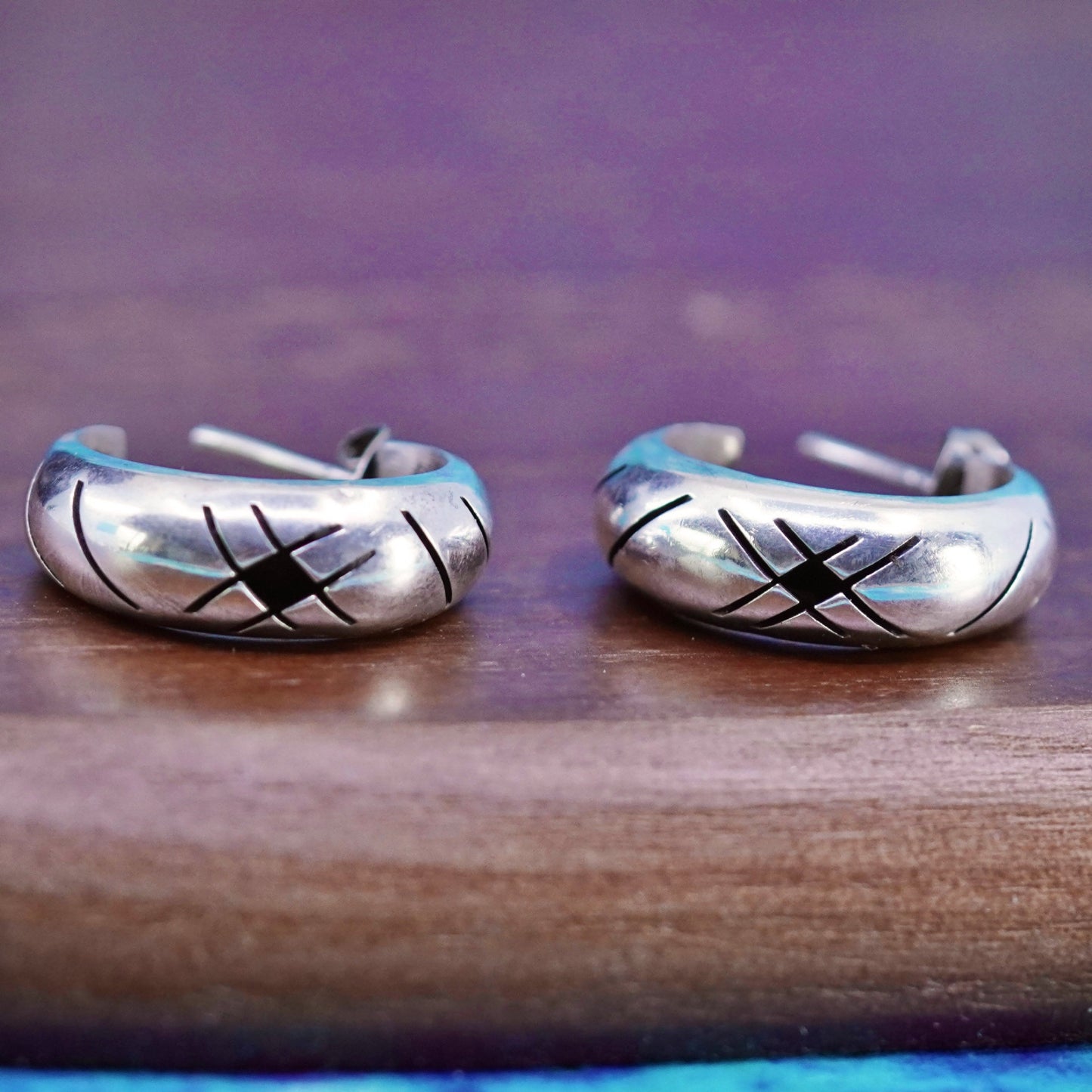 1”, Mexico Sterling silver handmade earrings, 925 Huggie studs pattern cut out