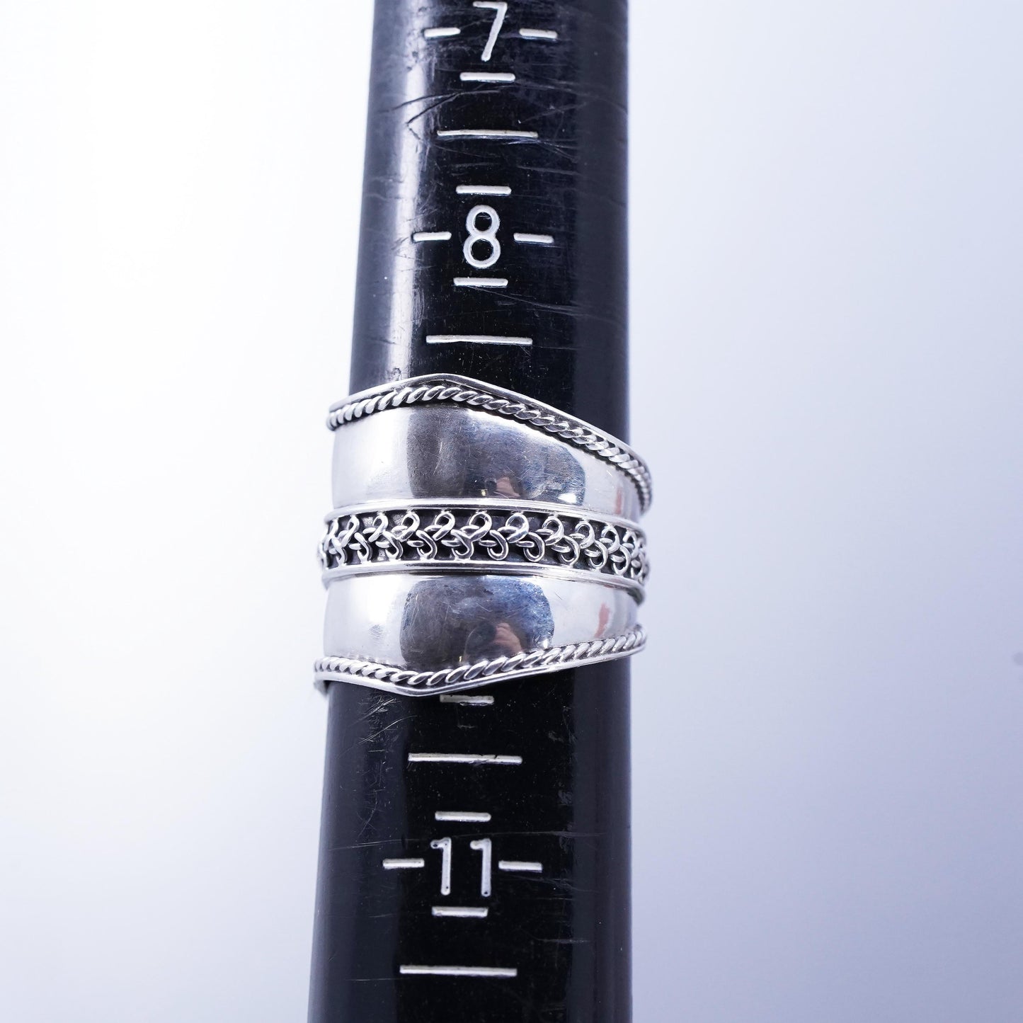 Size 9.5, Vintage Sterling Silver Wide Ring cable, Boho Statement 925 band