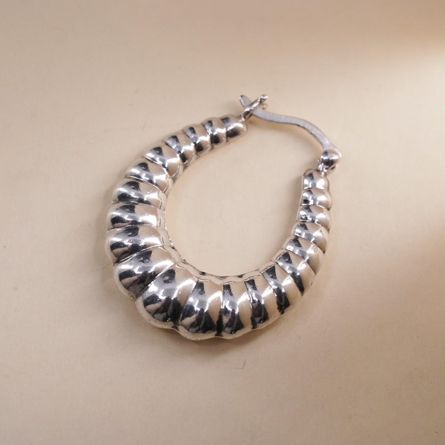 1.25", Vintage sterling silver loop single earring, ribbed primitive hoop