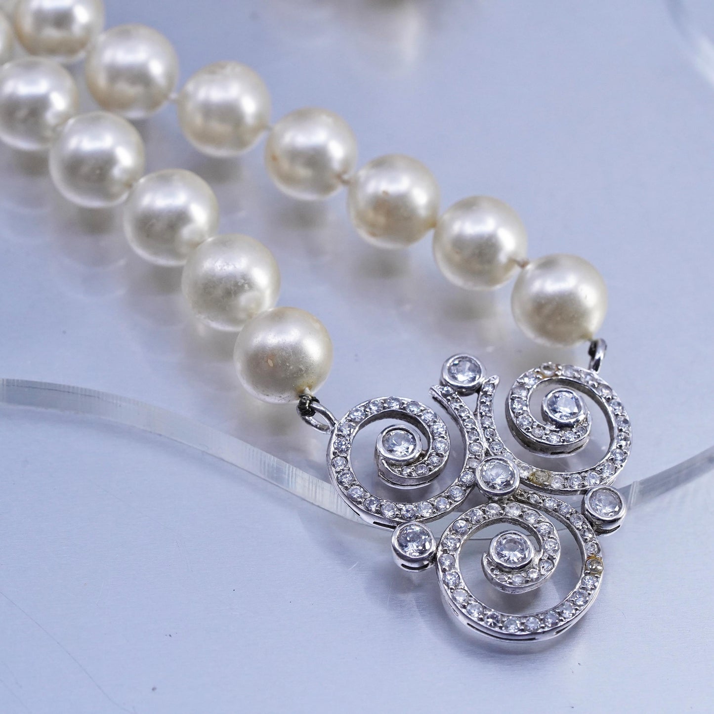 16", CWE Sterling 925 silver necklace pearl beads cluster cz spiral pendant