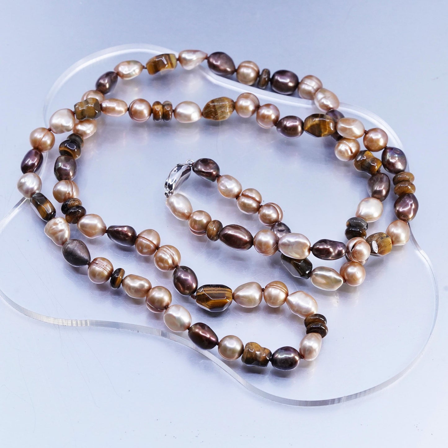 36”, Sterling 925 silver extra long necklace golden tiger eye, pearl nugget