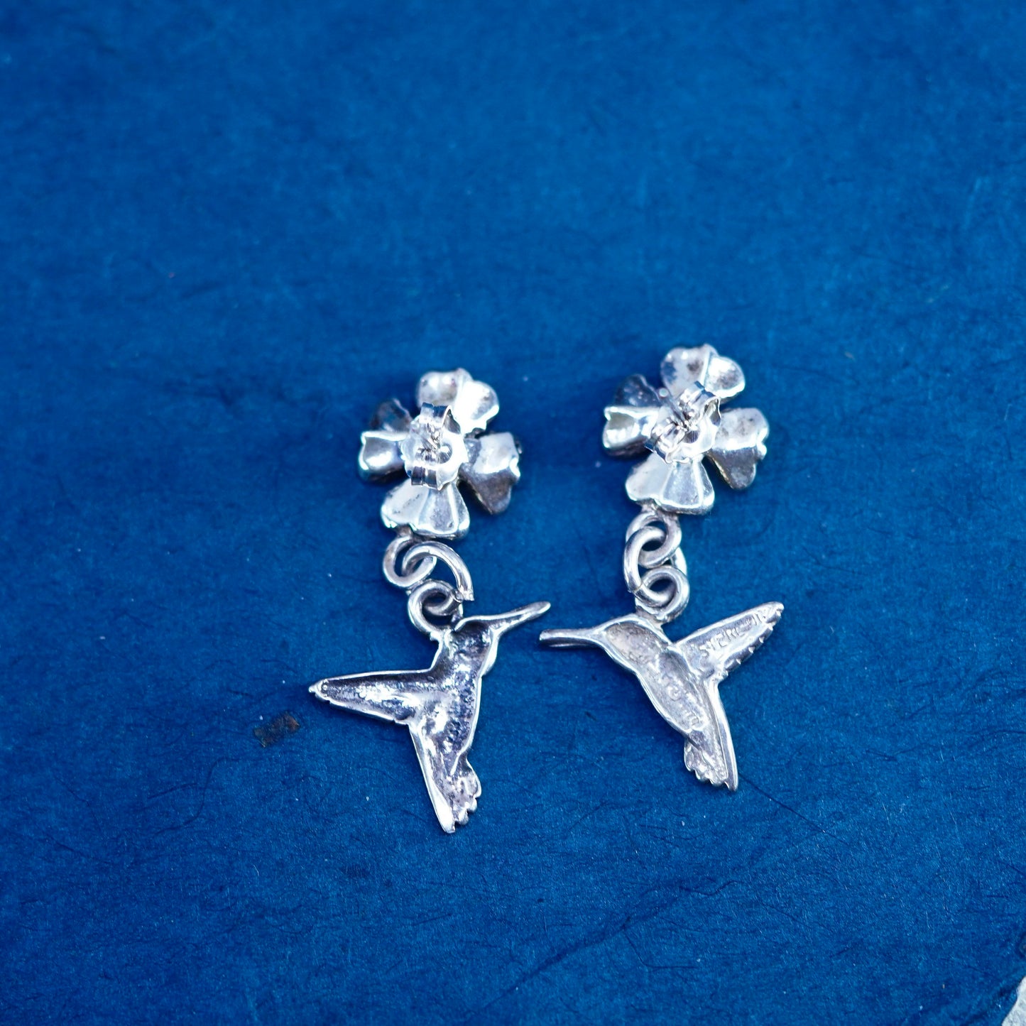 Southwestern silver handmade flower bird earrings, 925 hummingbird dangles
