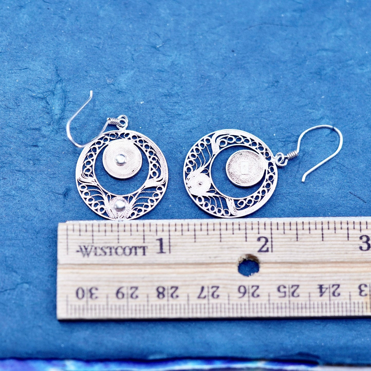 Vintage sterling silver handmade earrings, 925 filigree circle drop