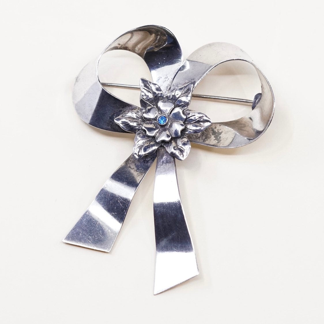 Vintage Sterling silver handmade brooch, solid 925 silver bow, Southwestern style jewelry, stamped sterling