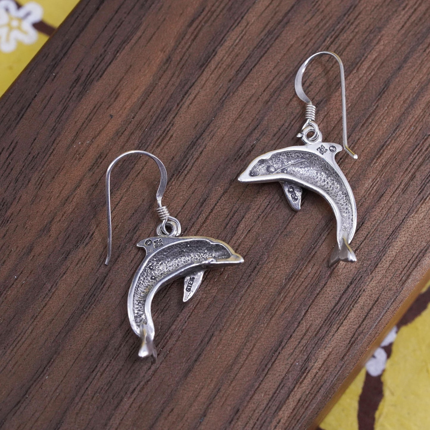 Vintage Sterling silver handmade earrings, 925 dolphin dangles