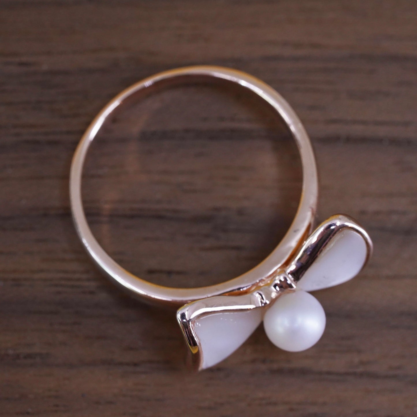 Size 9.25, vermeil rose gold Sterling 925 silver ribbon bow tie ring with pearl