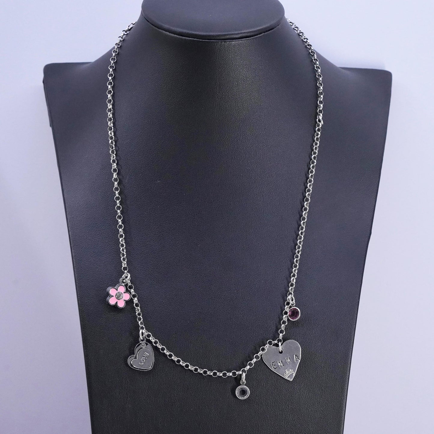 20”, Sterling silver charm necklace, 925 circle chain with heart pendant Emma