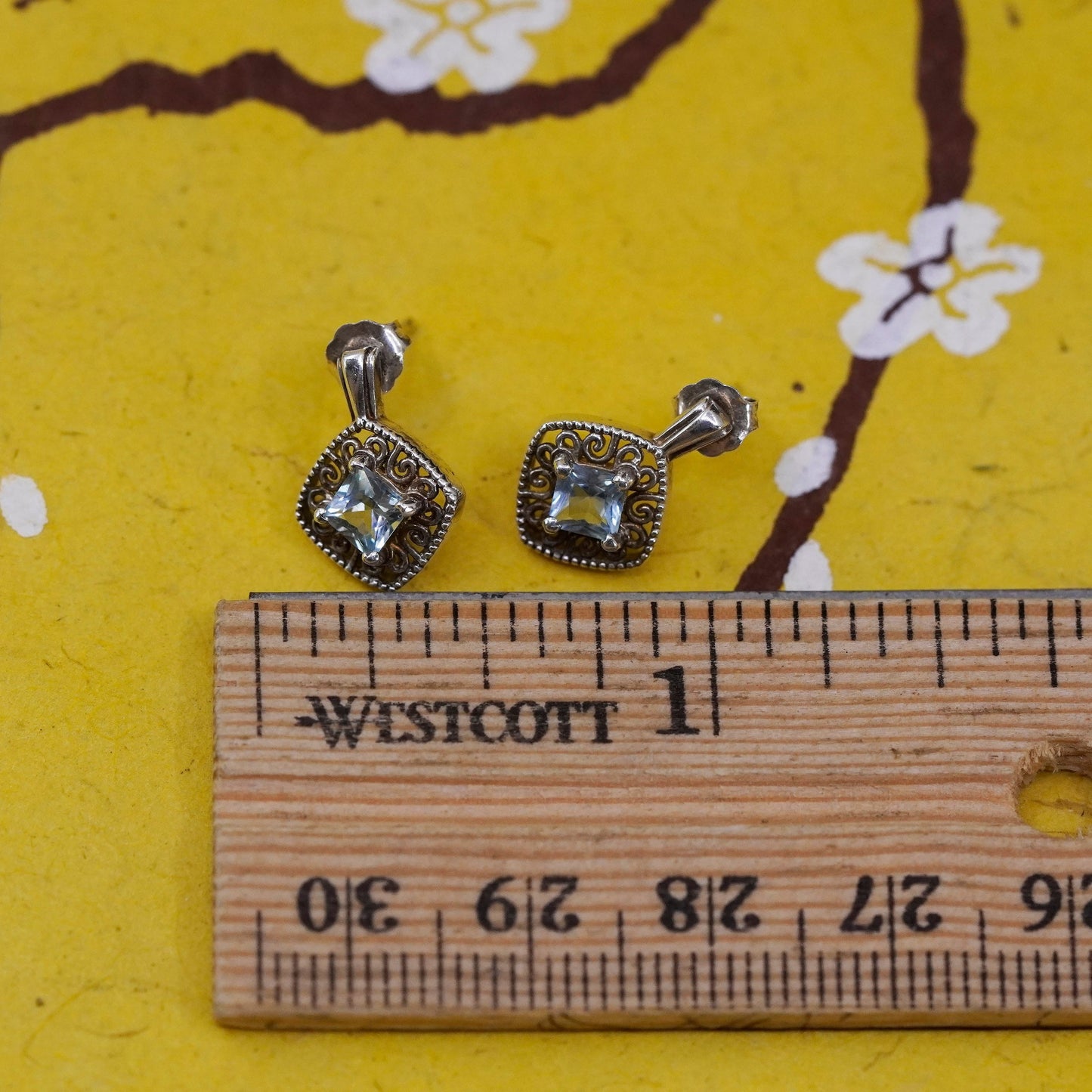 vintage Sterling silver handmade earrings, 925 filigree studs with blue crystal