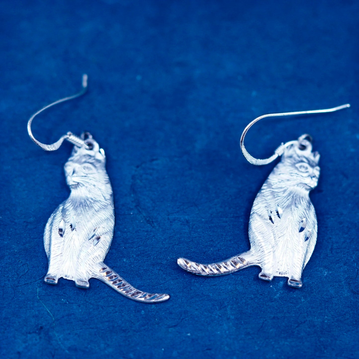 Vintage sterling silver handmade earrings, 925 kitty cat dangles