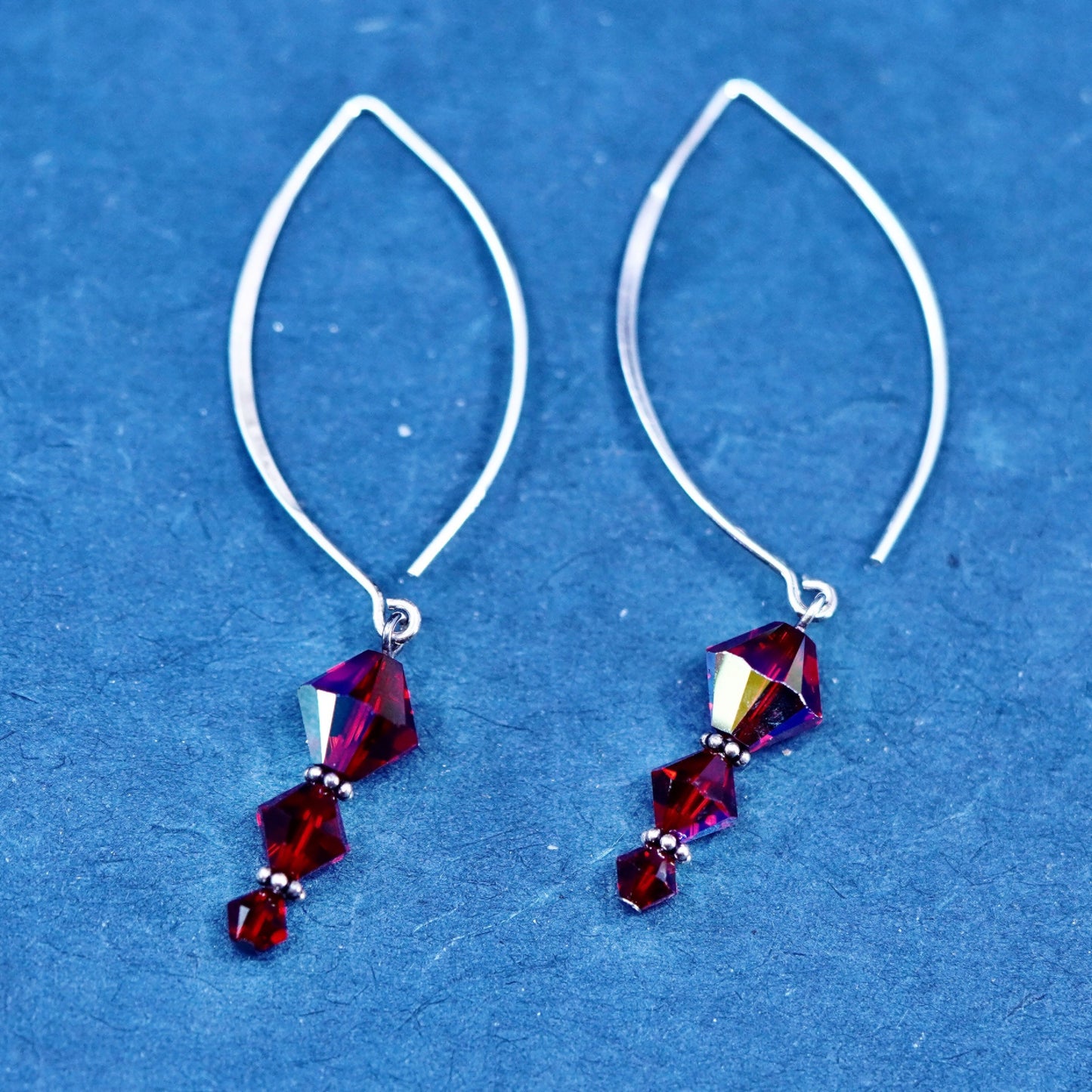 Vintage Sterling 925 silver handmade earrings with red crystal beads