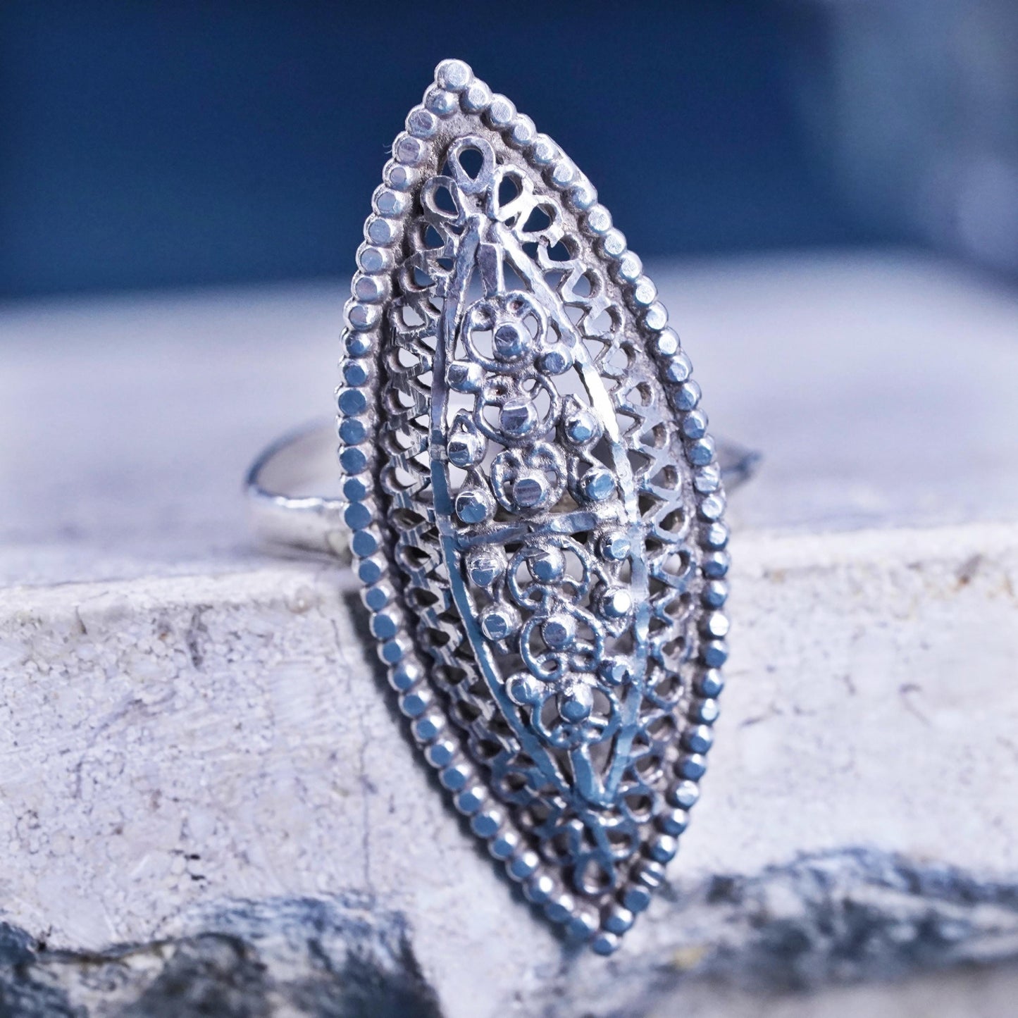 Size 6, vintage Sterling silver handmade ring, 950 statement filigree ring