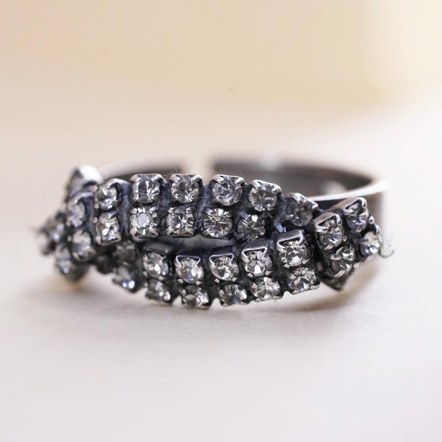 Size adjustable, Vintage Sterling silver handmade ring, 925 silver cluster cz