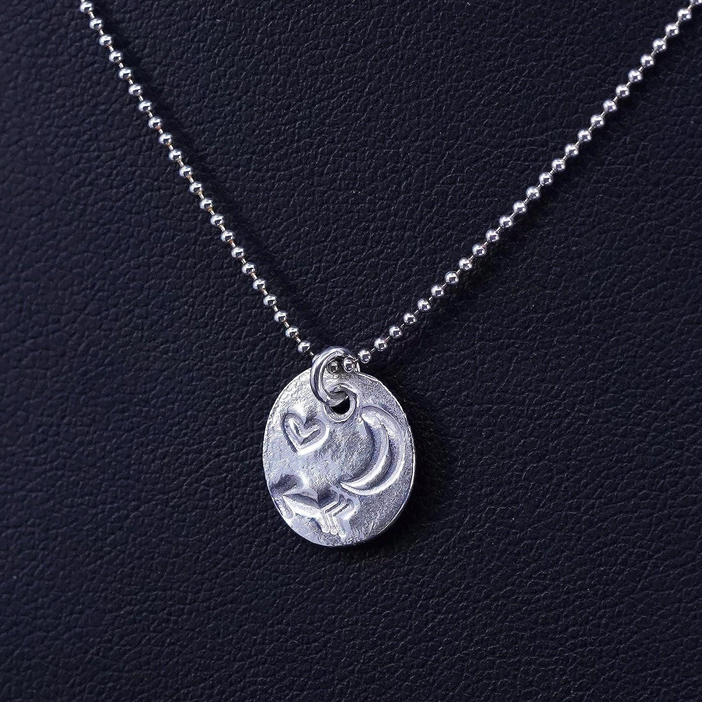 16", vintage Sterling silver necklace, 925 bead chain tag moon heart pendant