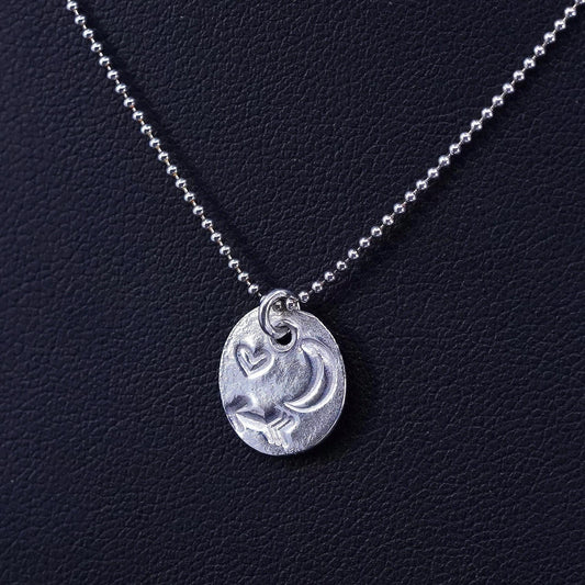 16", vintage Sterling silver necklace, 925 bead chain tag moon heart pendant