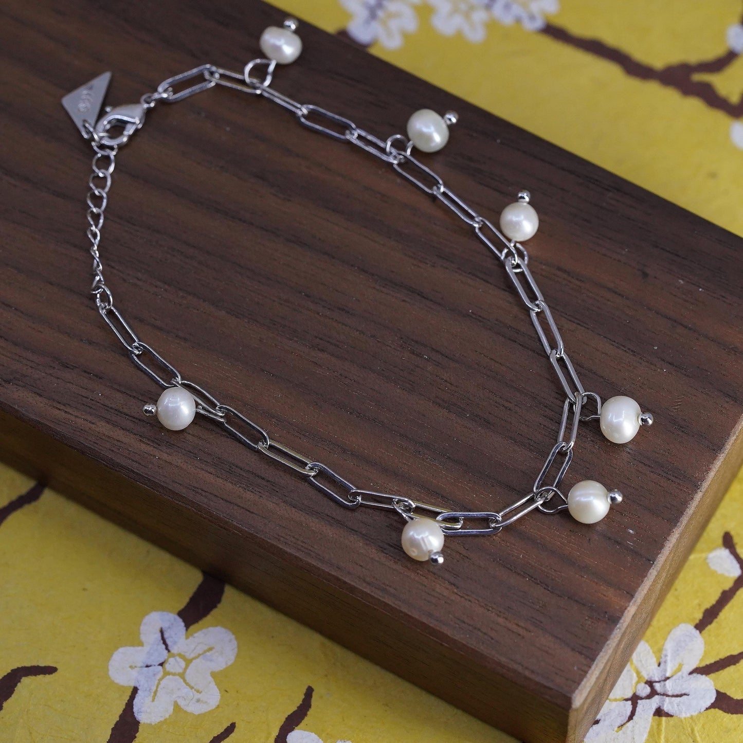 8” Sterling 925 silver elongated chain bracelet with freshwater pearl charms