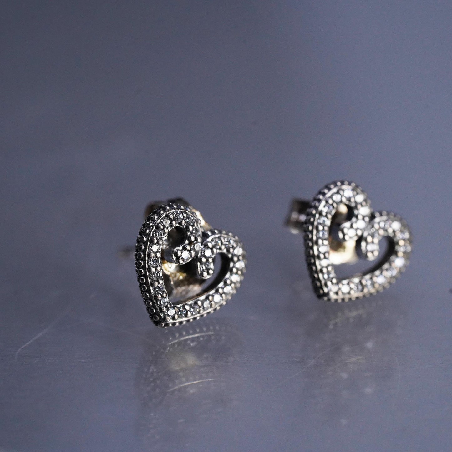 VTG Pandora ALE Sterling silver handmade earrings, 925 heart studs cluster cz