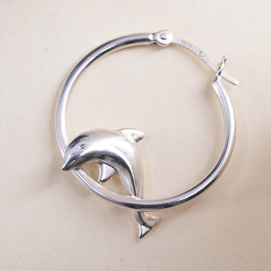 1”, Vintage Sterling silver handmade single 1 earring, 925 dolphin 925 hoops