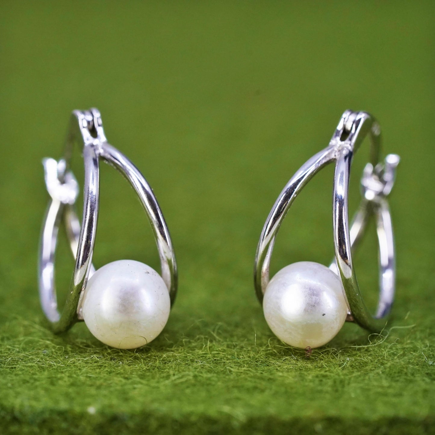 0.75", Vintage sterling silver loop earrings, fashion primitive hoops w/ pearl