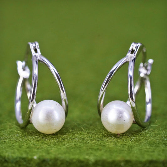 0.75", Vintage sterling silver loop earrings, fashion primitive hoops w/ pearl