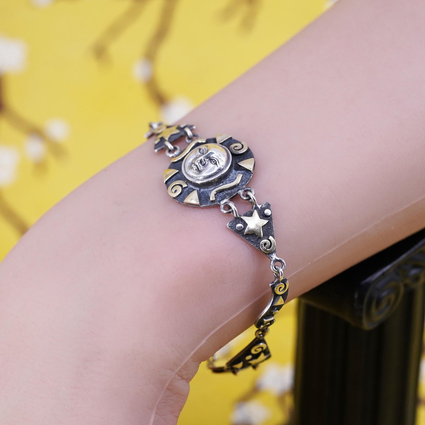 6.5", vintage two tone Sterling silver handmade bracelet, 925 sun face charm