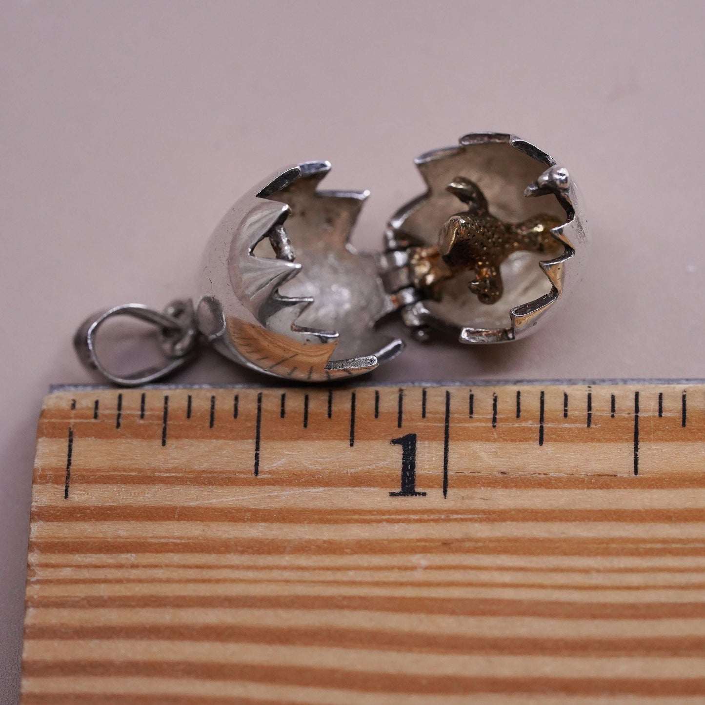 Vintage sterling silver heart charm, 925 silver golden chick egg charm pendant