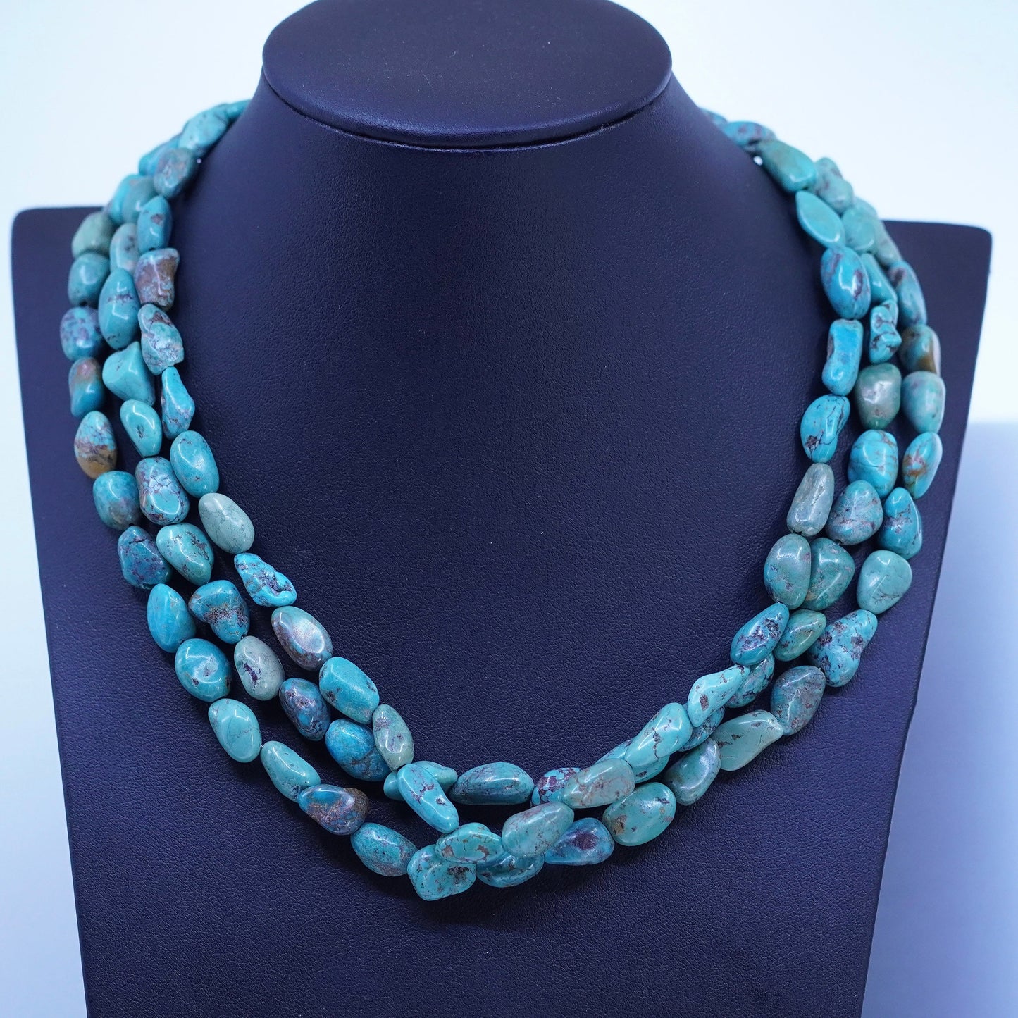 16+2”, VTG Sterling 925 silver handmade necklace with nugget turquoise beads